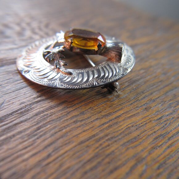 Antique 1917 Ward Brothers 925 Silver Thistle brooch w/ faceted citrine stone - Picture 8 of 9